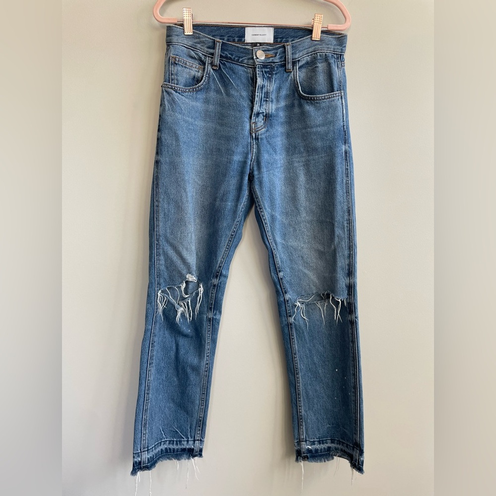 Current/Elliott Distressed Raw Hem High Rise Hidden Button Fly Blue Jeans
